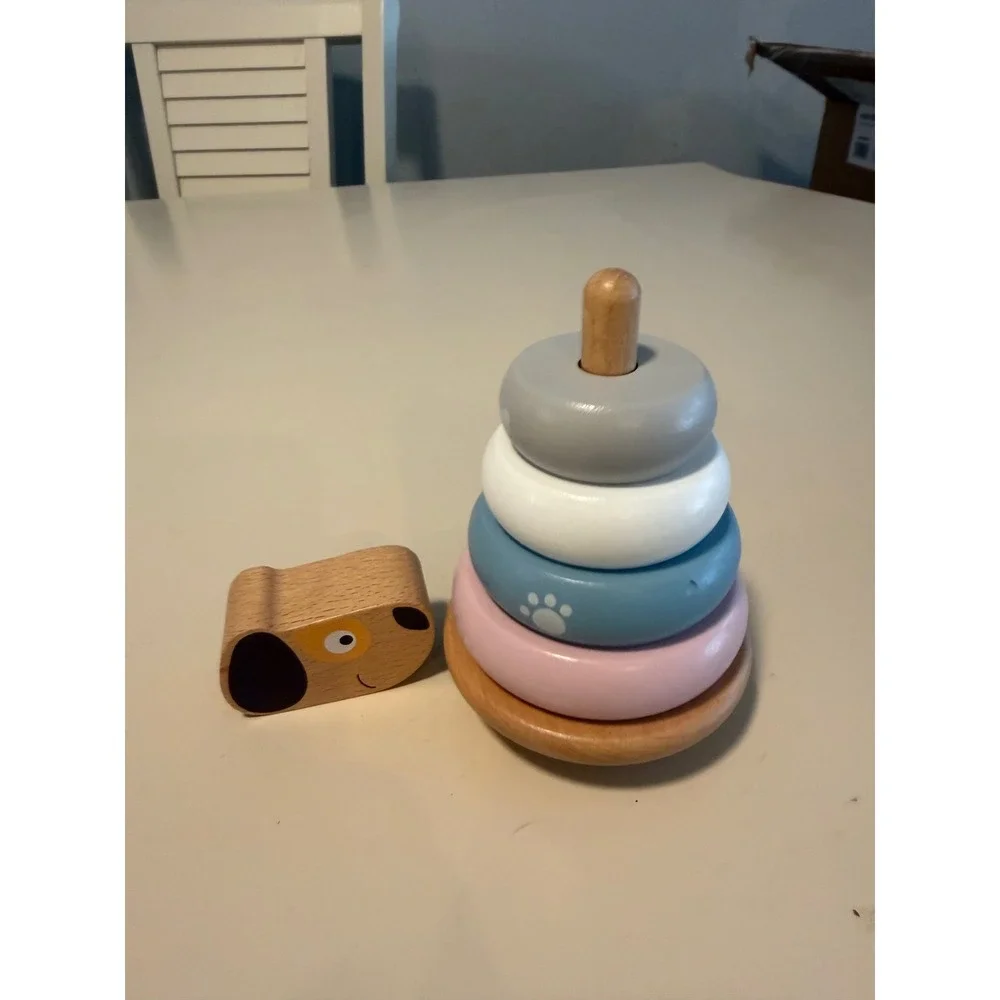 Wooden Puppy Dog Stacking Toy Montessori Pastel Rings Wobbly Base Toddler Toy
